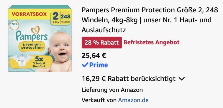 👶 248x Pampers Premium Protection Windeln in Größe 2 (4kg 8kg) für 25,64€ (statt 55€)