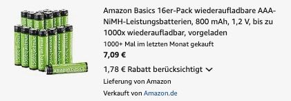 🔋16x Amazon Basics AAA Akkus 800mAh für 7,09€ (statt 11€)