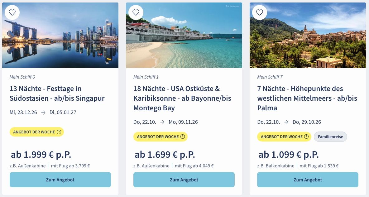 🚢 TUI Cruises Mein Schiff Wochenendangebote 🏝️ z.B. Westliches Mittelmeers ab 599€ 🚢 TUI Cruises Mein Schiff Wochenendangebote 🏝️ z.B. Westliches Mittelmeers ab 599€