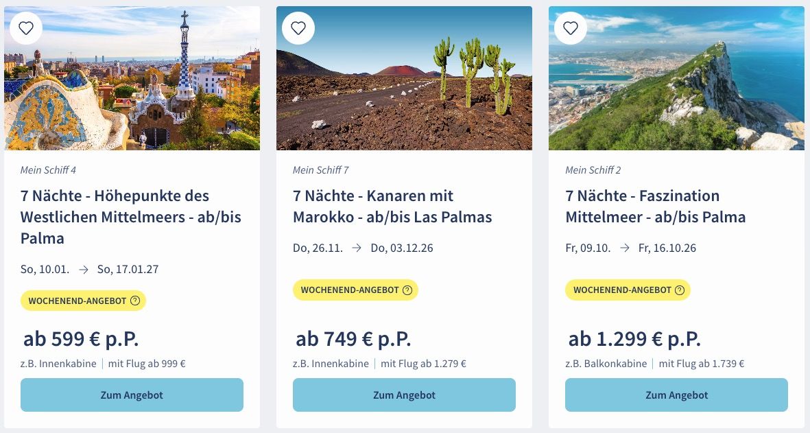 🚢 TUI Cruises Mein Schiff Wochenendangebote 🏝️ z.B. Westliches Mittelmeers ab 599€ 🚢 TUI Cruises Mein Schiff Wochenendangebote 🏝️ z.B. Westliches Mittelmeers ab 599€