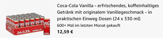 đ„€ 24x Coca-Cola Vanilla, 330ml Dosen ab 12,59⏠(statt 21âŹ) - 0,53⏠pro Dose đ„€ 24x Coca Cola Vanilla, 330ml Dosen ab 12,59⏠(statt 21âŹ) 0,53⏠pro Dose