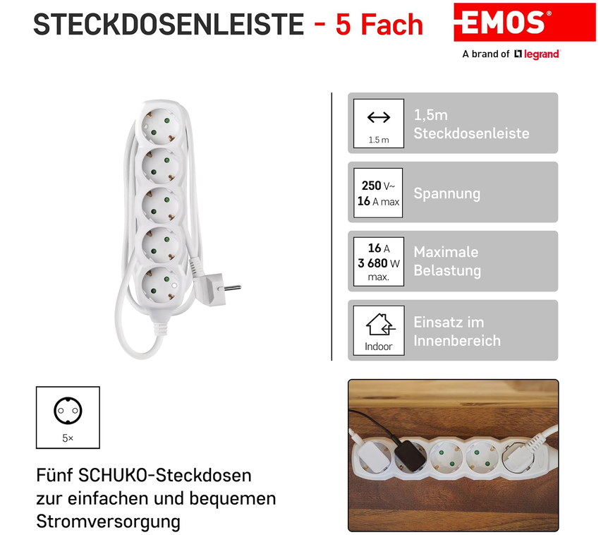 🔌🔌 EMOS   5 fach Steckdosenleiste 1,5m ab 3,41€ (statt 10€)