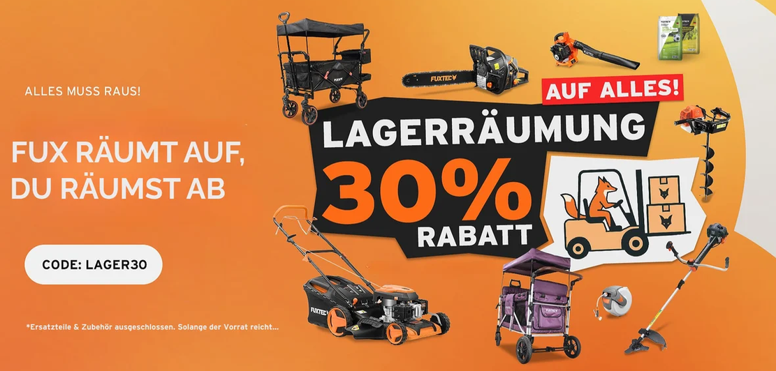 đ©âđŸ Fuxtec LagerrĂ€umung: 30% Rabatt auf (fast) ALLES - z.B. FX-CT700 Bollerwagen fĂŒr 145,50⏠(statt 214âŹ) đ©âđŸ Fuxtec LagerrĂ€umung: 30% Rabatt auf (fast) ALLES z.B. FX CT700 Bollerwagen fĂŒr 145,50⏠(statt 214âŹ)