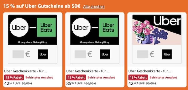 🚗 Amazon: 15% Rabatt auf Uber & Uber Eats Geschenkkarten