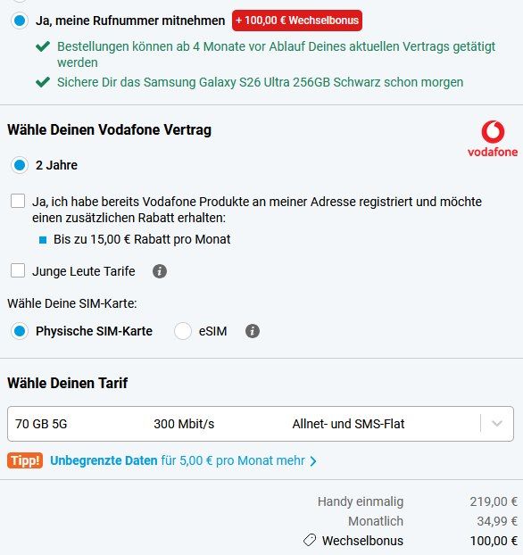 📱 Samsung Galaxy S26 Ultra für 219€ + Vodafone Allnet 70GB 5G für 34,99€ mtl. + 100€ Bonus