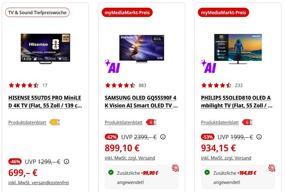 📺 Media Markt TV & Sound Tiefpreiswoche mit Rabatten auf TVs, Soundbar, Kopfhörer & mehr