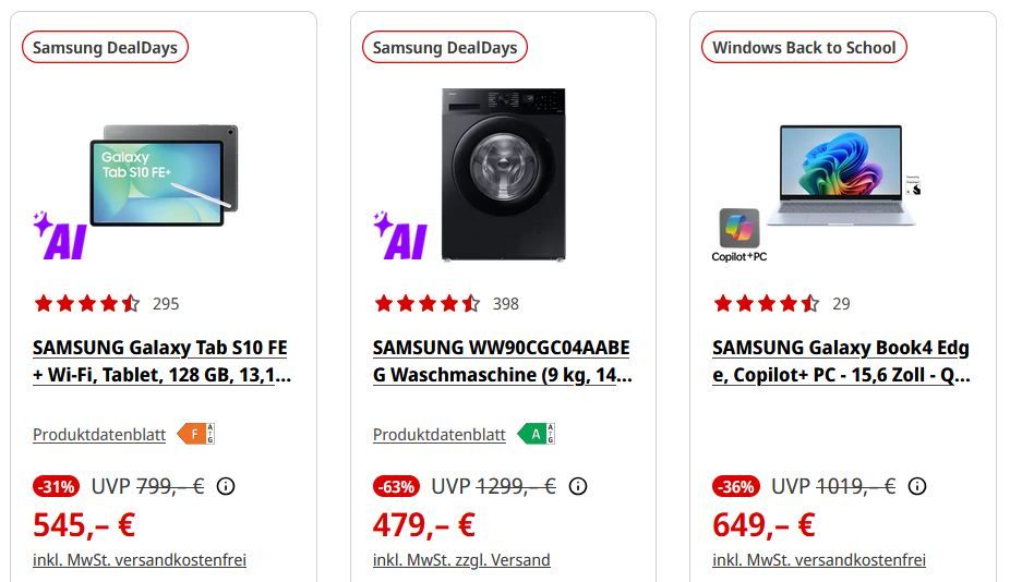 🤑 Media Markt: Samsung Deal Days mit Rabatten auf Smartphones, Haushalt, Laptop, TVs & mehr