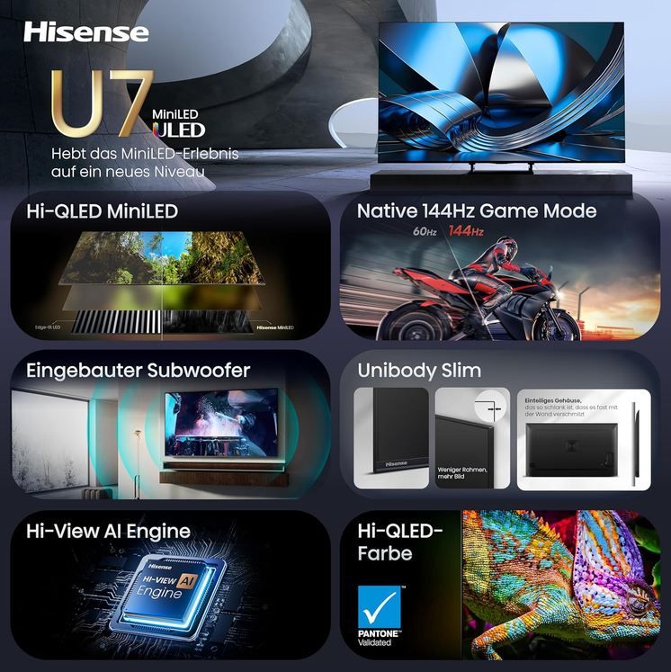 📺 Hisense 55U7DSE 55 4K UHD Hi QLED Mini LED Smart TV für 549€ (statt 619€)