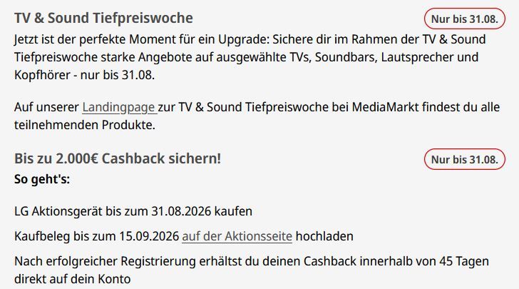 📺 Media Markt LG IFA Smart TV Deals auf OLED & QNED Smart TVs + bis 2.000€ Cashback 📺 Media Markt LG IFA Smart TV Deals auf OLED & QNED Smart TVs + bis 2.000€ Cashback