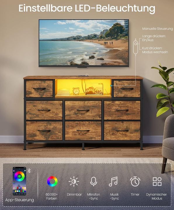 🏺 Songmics Kommode mit 8 Stoffschubladen & Beleuchtung für 44,87€ (statt 66€)