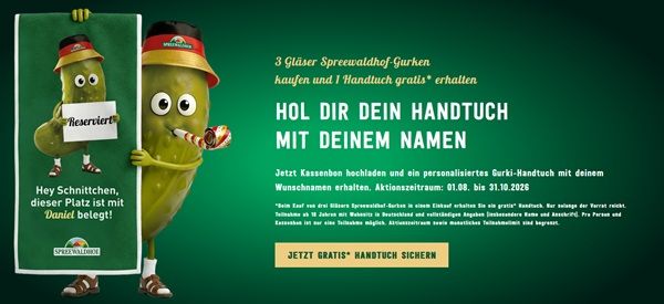 đ„ Spreewaldhof-Gurken-GlĂ€ser kaufen, personalisiertes Gurki-Handtuch gratis erhalten đ„ Spreewaldhof Gurken GlĂ€ser kaufen, personalisiertes Gurki Handtuch gratis erhalten