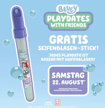 Gratis Bluey Seifenblasen-Stick in den Smyths Toys Stores am 22.08.2026 Gratis Bluey Seifenblasen Stick in den Smyths Toys Stores am 22.08.2026