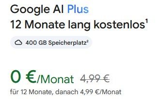 🎓 Studis: Google AI Plus mit 400GB ➡️ ein Jahr lang gratis (statt 60€) 🎓 Studis: Google AI Plus mit 400GB ➡️ ein Jahr lang gratis (statt 60€)