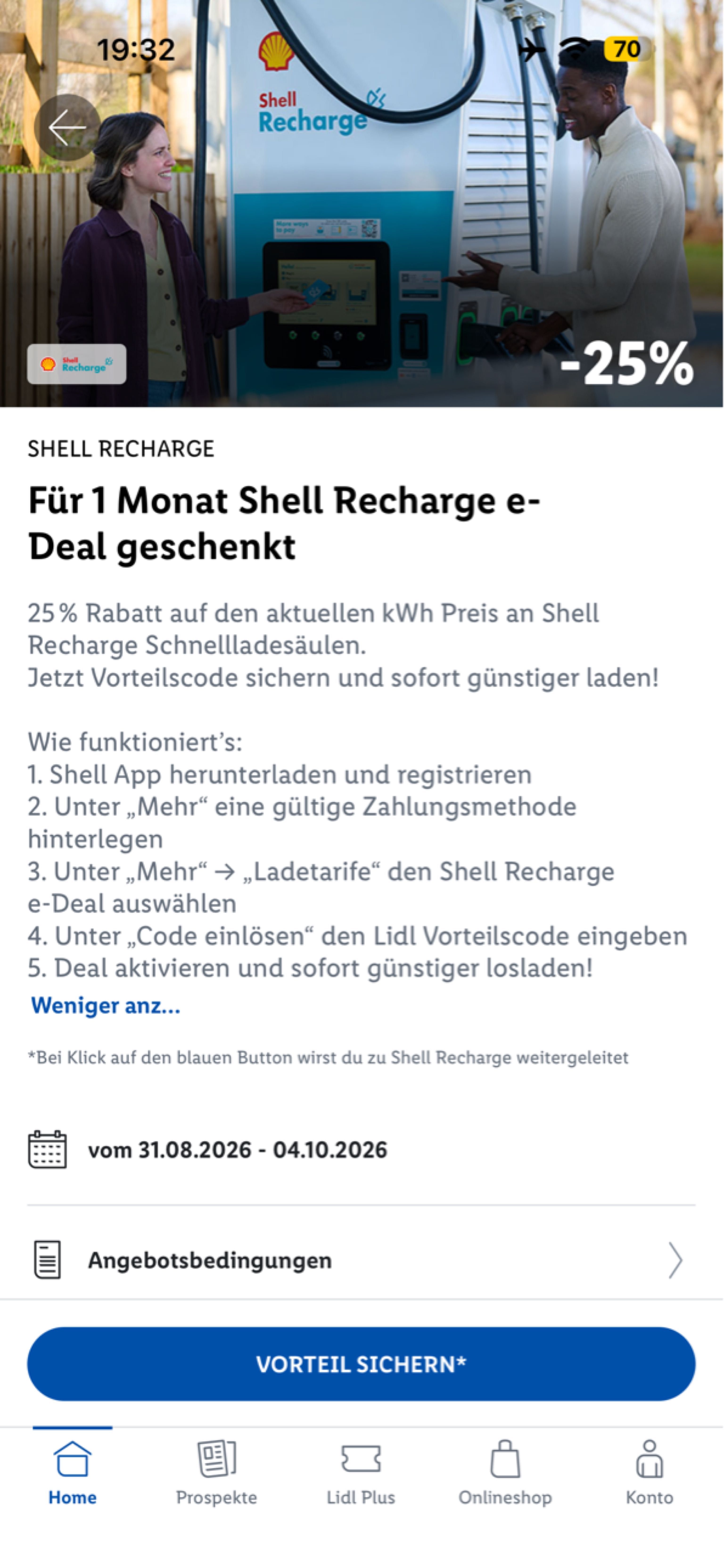 25 % Rabatt auf den aktuellen kWh Preis an Shell Recharge Schnellladesäulen.