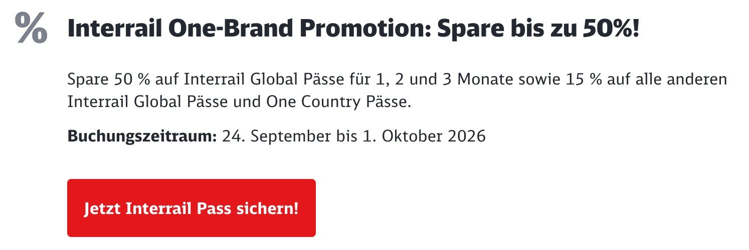🚂💨 Bahn Interrail Promotion: Spare bis zu 50% ➡️ z.B. One Country Pass ab 50€ 🚂💨 Bahn Interrail Promotion: Spare bis zu 50% ➡️ z.B. One Country Pass ab 50€