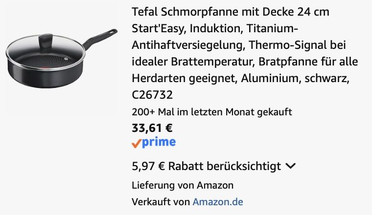 Tefal C26732 Schmorpfanne mit Deckel 24 cm für 33,61€ (statt 40€)