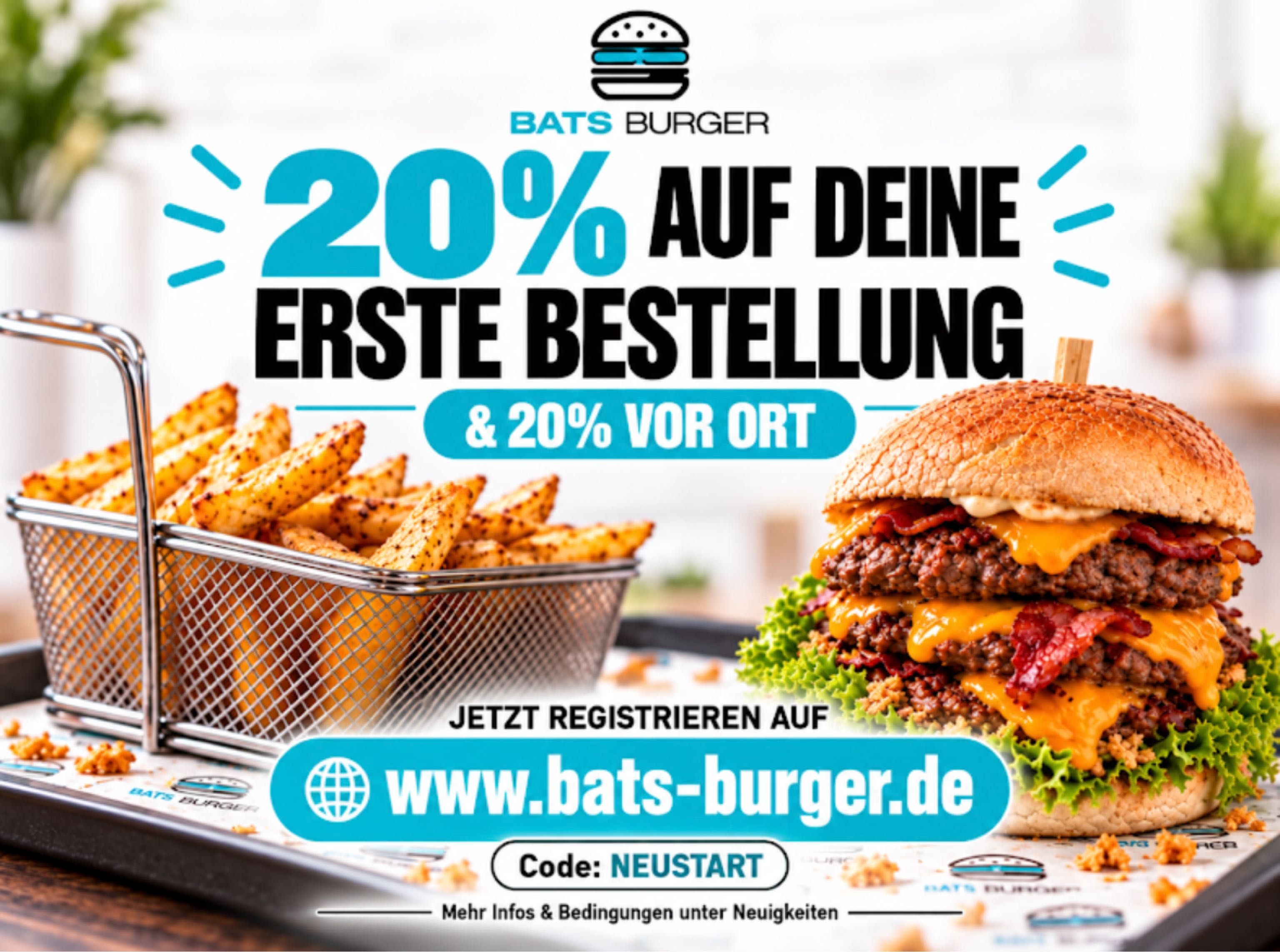 [Lokal Waiblingen] BATS Burger: 20% Rabatt auf erste Bestellung + 100 Punkte gratis