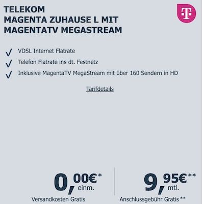 📶 Telekom MagentaZuhause L (100 Mbit/s) mit MagentaTV MegaStream für eff. 41,58€ mtl. 📶 Telekom MagentaZuhause L (100 Mbit/s) mit MagentaTV MegaStream für eff. 41,58€ mtl.