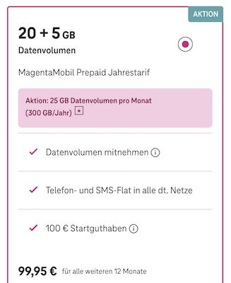 🔥 TOP 📱 Telekom MagentaMobil Prepaid Jahrestarif inkl. 300GB für 99,95€ + 100€ Startguthaben