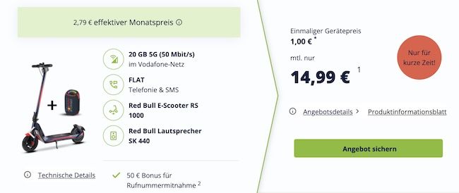 🛴 Red Bull Racing E-Scooter & Lautsprecher für 1€ + 📶 Vodafone Allnet 20GB für 14,99€ mtl. 🛴 Red Bull Racing E Scooter & Lautsprecher für 1€ + 📶 Vodafone Allnet 20GB für 14,99€ mtl.