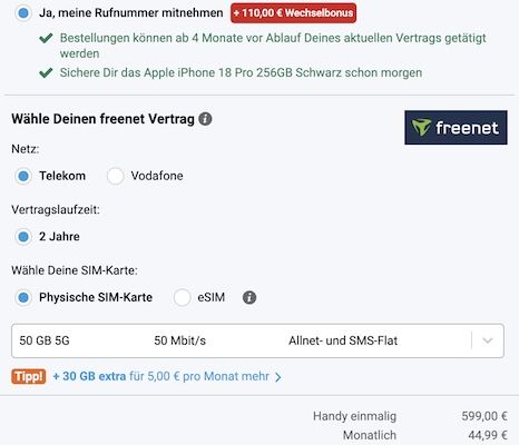🤯 TOP! 🍏 Apple iPhone 18 Pro für 599€ + Telekom Allnet 50GB für 44,99€ + 110€ Bonus 🤯 TOP! 🍏 Apple iPhone 18 Pro für 599€ + Telekom Allnet 50GB für 44,99€ + 110€ Bonus
