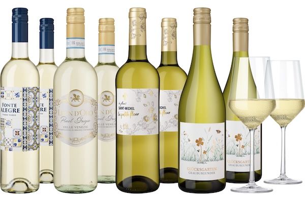 🍇 8 Flaschen Weiß-Weinpaket goldprämiert + 2 Gläser für 39,90€ (statt 90€) 🍇 8 Flaschen Weiß Weinpaket goldprämiert + 2 Gläser für 39,90€ (statt 90€)