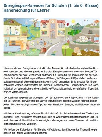 Bayern: Energiespar-Kalender für Schulen (1. - 6. Klasse) Bayern: Energiespar Kalender für Schulen (1. 6. Klasse)