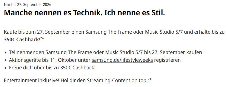 📺 Media Markt: Samsung Lifestyle Wochen mit Rabatt auf Smart TV + bis 350€ Cashback