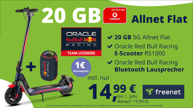 🛴 Red Bull Racing E-Scooter & Lautsprecher für 1€ + 📶 Vodafone Allnet 20GB für 14,99€ mtl. 🛴 Red Bull Racing E Scooter & Lautsprecher für 1€ + 📶 Vodafone Allnet 20GB für 14,99€ mtl.