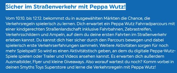 🚴♀️ Sicher im Straßenverkehr mit Peppa Wutz! in einigen Smyths Toys Stores 🚴♀️ Sicher im Straßenverkehr mit Peppa Wutz! in einigen Smyths Toys Stores