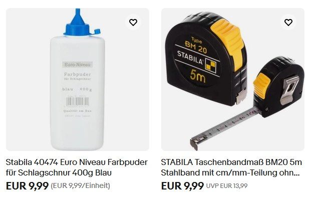 👷‍♂️ 3 für 1 Sale: Stabila Bandmaß, Maurerschnur sowie Farbpuder & Farbpatrone für Schlagschnur für je 9,99€ (statt 20€) 👷‍♂️ 3 für 1 Sale: Stabila Bandmaß, Maurerschnur sowie Farbpuder & Farbpatrone für Schlagschnur für je 9,99€ (statt 20€)