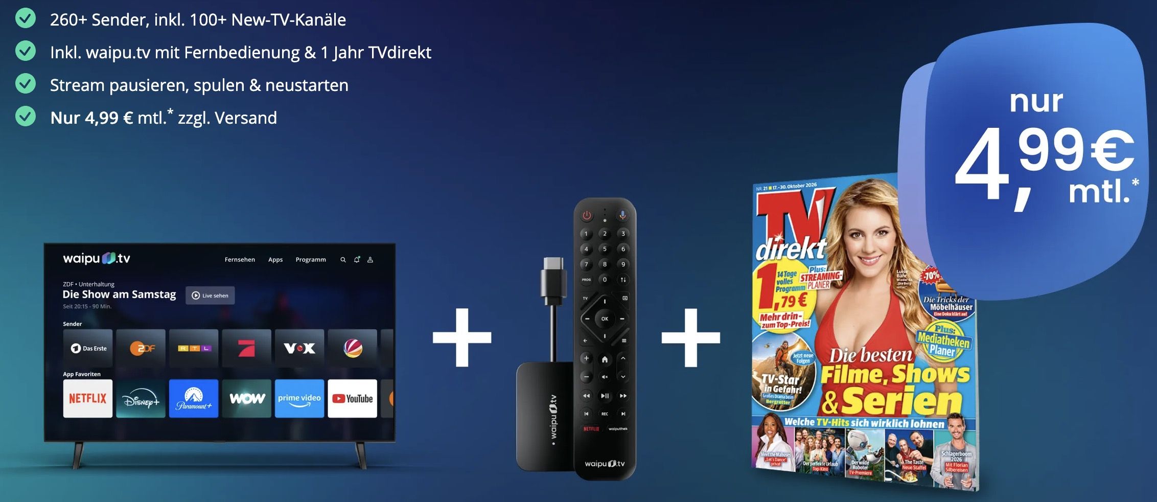📺🍿 waipu.tv Start 260 Sender + TV Stick nur 4,99€ mtl. (statt 10€) +gratis 1 Jahr TVdirekt