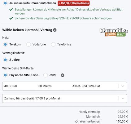 🔥 TOP 📱 Samsung Galaxy S26 FE (256GB) für 192€ + Telekom Allnet 40GB 29,99€ mtl. + 250€ Bonus 🔥 TOP 📱 Samsung Galaxy S26 FE (256GB) für 192€ + Telekom Allnet 40GB 29,99€ mtl. + 250€ Bonus