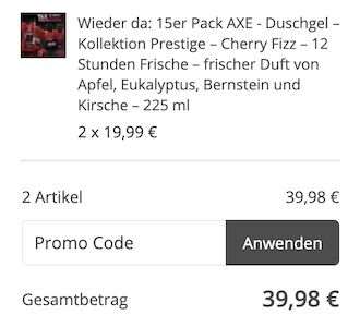 đż 30x AXE Cherry Fizz Duschgel, je 225 ml fĂŒr 39,98⏠(statt 104âŹ?) đż 30x AXE Cherry Fizz Duschgel, je 225 ml fĂŒr 39,98⏠(statt 104âŹ?)
