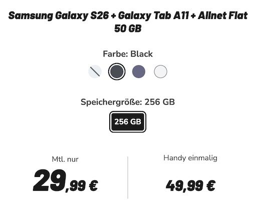 KRASS! 📱 Samsung Galaxy S26 & Galaxy Tab A11 für 49,99€ + Vodafone Allnet 50GB für 29,99€ mtl. KRASS! 📱 Samsung Galaxy S26 & Galaxy Tab A11 für 49,99€ + Vodafone Allnet 50GB für 29,99€ mtl.