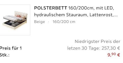 🤔 Fehler? 🛌 Brevoria Polsterbett in Beige mit LED Lichtleiste, 160x200cm für 9,90€ (statt 245€)