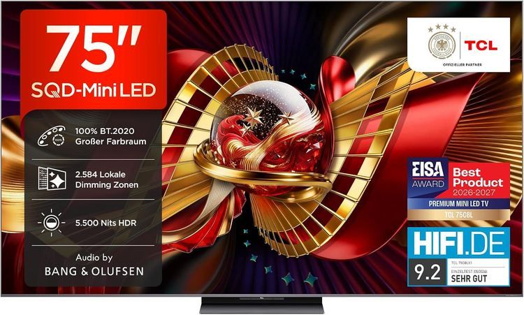 📺 TCL 75C8L 75 📺 TCL 75C8L 75 SQD Mini LED 4K Smart TV mit 144Hz für 1.499€ (statt 1.779€)