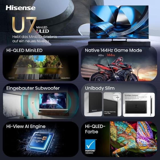📺 Hisense 85U7DSE 85 📺 Hisense 85U7DSE 85 4K UHD Hi QLED Mini LED Smart TV für 1.219€ (statt 1.338€)