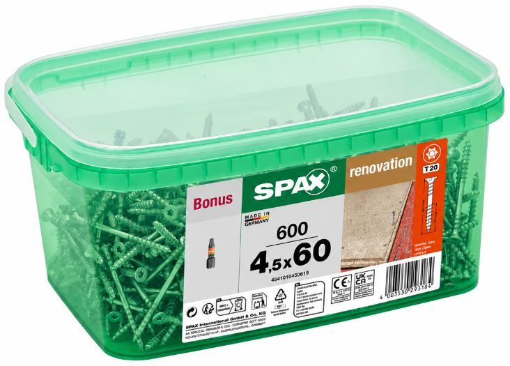 🔩 600er Pack Spax Renovation Holzschrauben, 4,5 x 60mm, T20 für 19,99€ (statt 40€)
