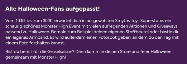 👹 Monster High Event in einigen Smyths Toys Stores 👹 Monster High Event in einigen Smyths Toys Stores