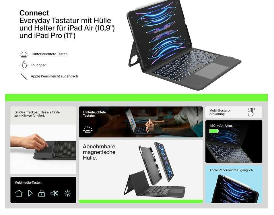 Belkin Everyday iPad Air 10.9 / iPad Pro 11 / iPad Air 11 (M3) beleuchtete Bluetooth‑Tastaturhülle mit Halterung (QWERTZ) für 53,19€ statt 75,93€