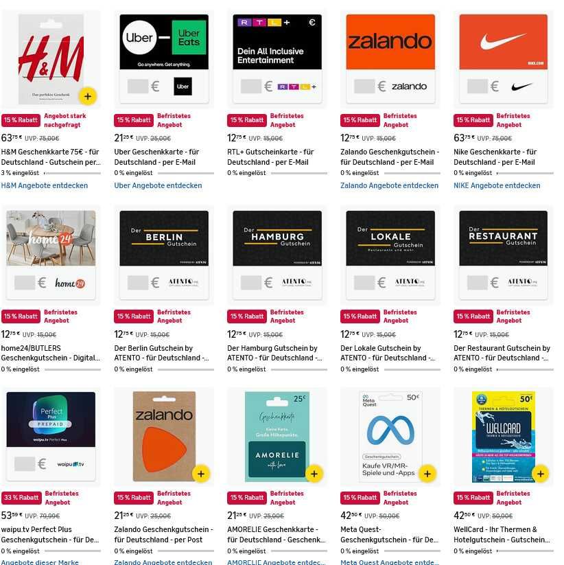 Amazon   15% Rabatt auf verschiedene Geschenkkarten   z.B. H&M, Zalando, Nike, Uber, Meta, Home24