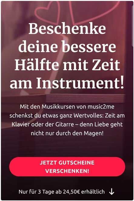 music2me 50% auf Gutscheine z.B. Gitarrenkurs 3-12 Monate 87,50€ statt 175€ music2me 50% auf Gutscheine z.B. Gitarrenkurs 3 12 Monate 87,50€ statt 175€