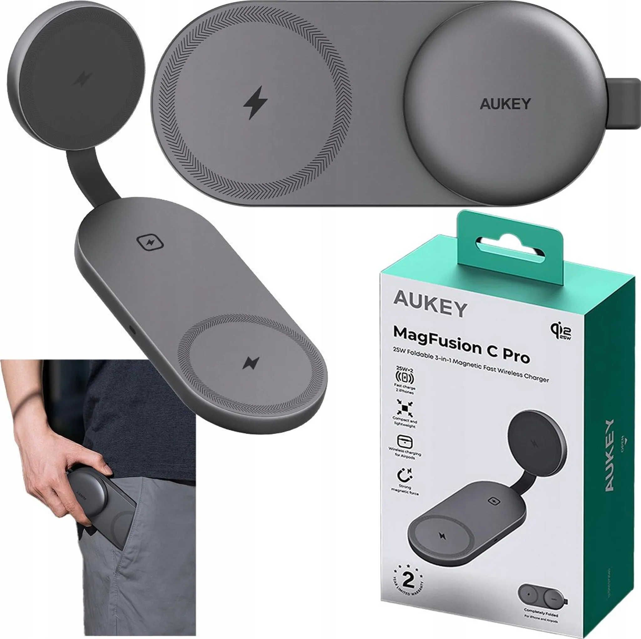 Aukey LC MC314 kabelloses 3 in 1 Ladegerät | MagFusion Qi2.2 | USB C