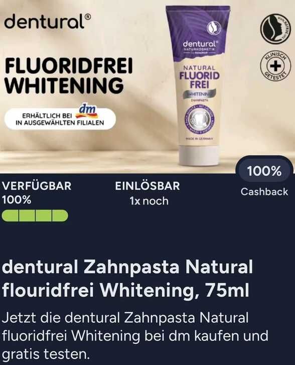 marktguru (dm) dentural Zahnpasta Natural flouridfrei Whitening, 75ml gratis marktguru (dm) dentural Zahnpasta Natural flouridfrei Whitening, 75ml gratis