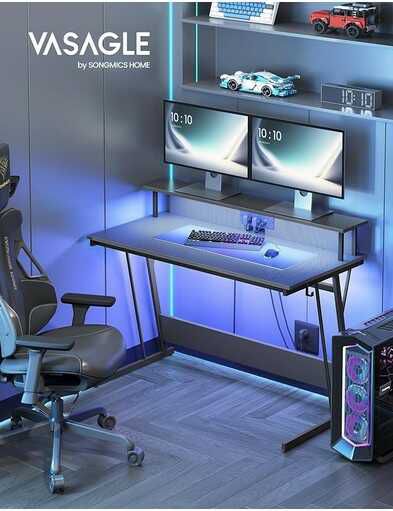 VASAGLE Schreibtisch, mit eingebauter Steckdosenleiste, mit Monitorständer für 2 Monitore, 60 x 120 x 76 cm | 55 x 135 x 76 cm