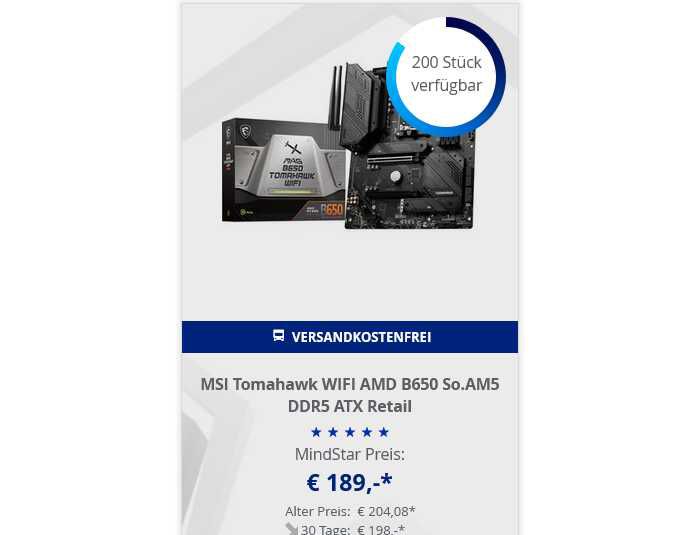 MSI Tomahawk WIFI AMD B650 So.AM5 im Mindstar für 189€ statt 204,09€