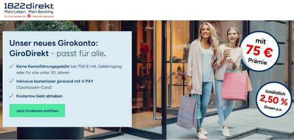 mit 75€ Prämie  Kostenloses 1822GiroDirekt Konto   digitale Eröffnung, gratis girocard mit V PAY