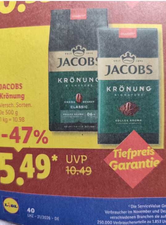 {Lidl} ab 21.05.2026   Jacobs Krönung verschiedene Sorten je 500gr. mit Tiefpreisgarantie