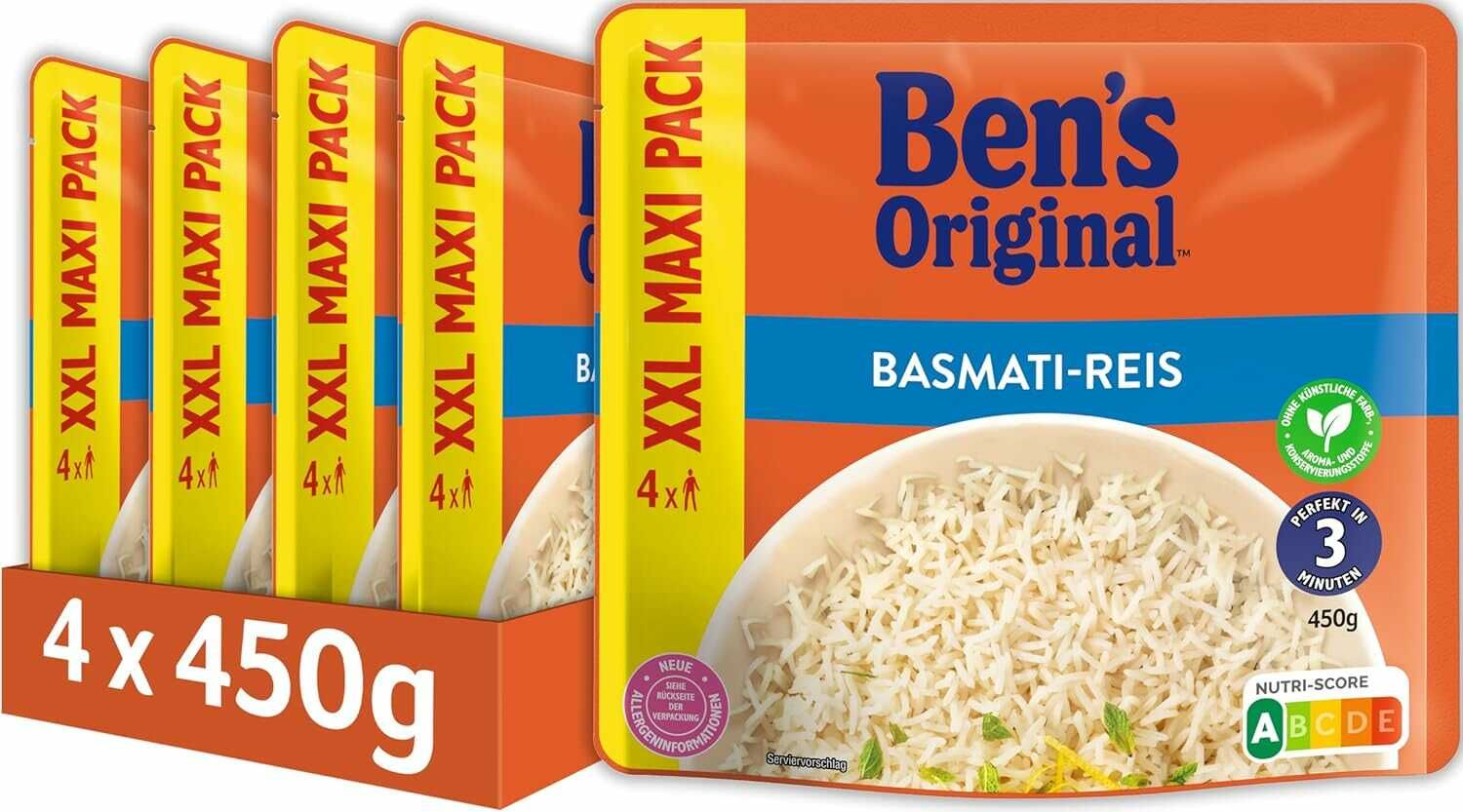 BENS ORIGINAL Express Basmati oder Langkorn Reis | je 4x 450g XXL Maxi Packung 10,50€